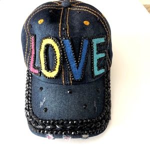 Denim Distress Rhinestone LOVE Hat Cap